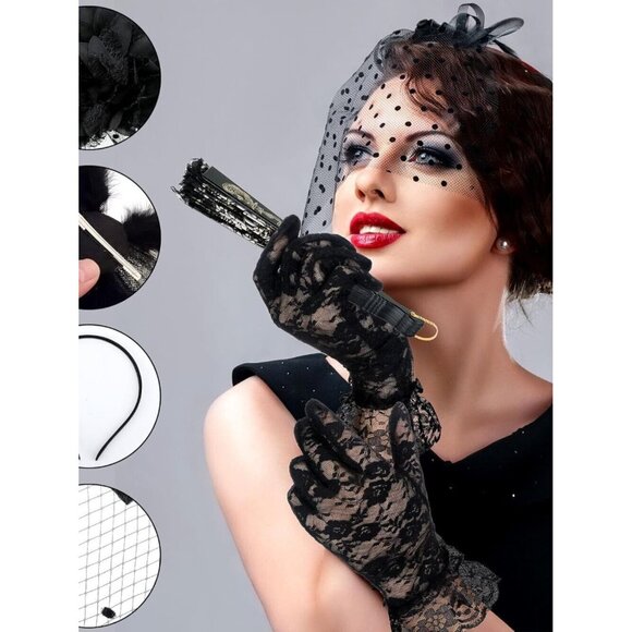 27 Pcs Black Fascinator Hats for Women Funeral Veil with Folding Fan Lace main image 5